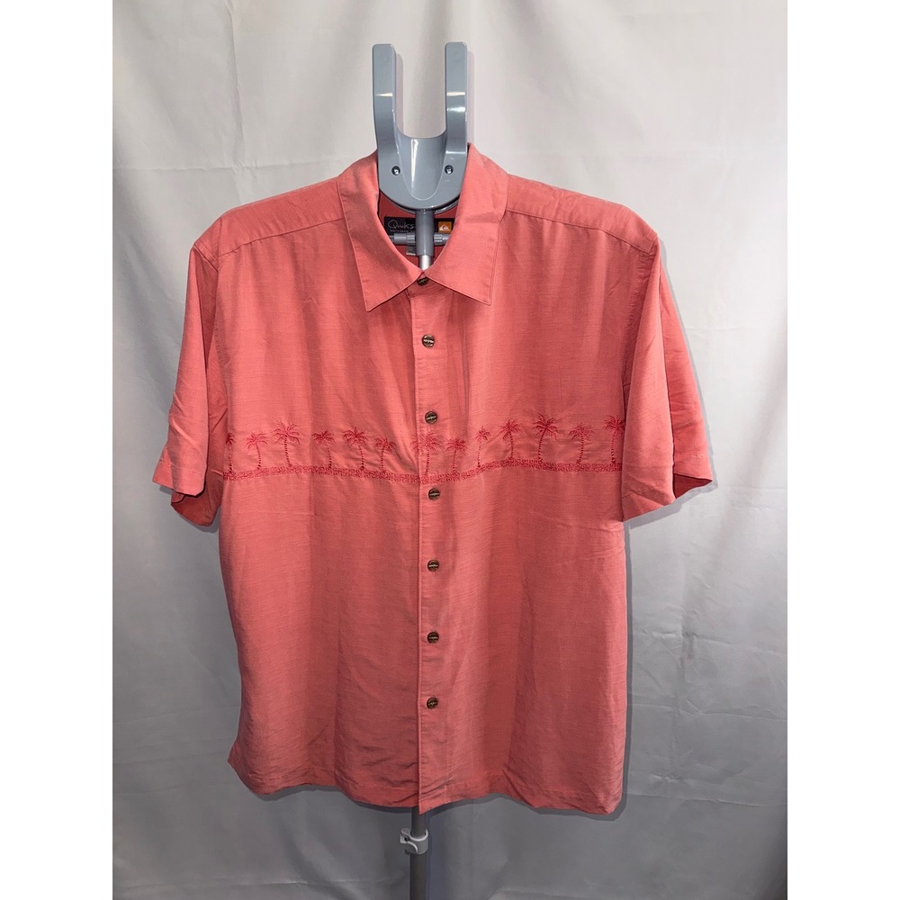 Quiksilver Waterman Mens Large Coral Pink Palm Tree Embroidered Button Down